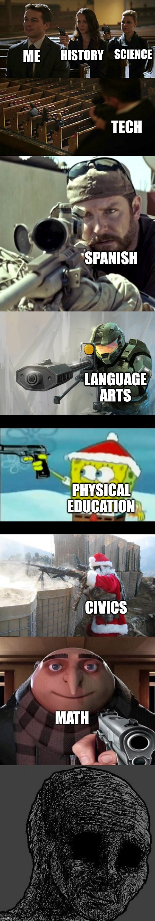Which do you think is the worst | ME; HISTORY; SCIENCE; TECH; SPANISH; LANGUAGE ARTS; PHYSICAL EDUCATION; CIVICS; MATH | image tagged in assassination chain,american sniper,halo sniper,spongebob with a pistol,memes,hohoho | made w/ Imgflip meme maker