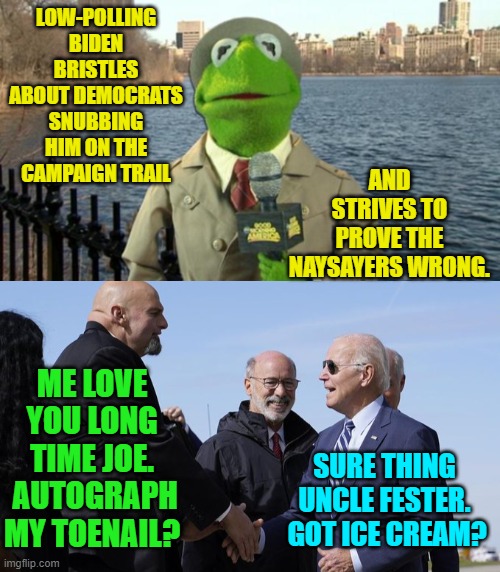 Trippy, eh? | LOW-POLLING BIDEN BRISTLES ABOUT DEMOCRATS SNUBBING HIM ON THE CAMPAIGN TRAIL; AND STRIVES TO PROVE THE NAYSAYERS WRONG. ME LOVE YOU LONG TIME JOE.  AUTOGRAPH MY TOENAIL? SURE THING UNCLE FESTER.  GOT ICE CREAM? | image tagged in birds of a feather | made w/ Imgflip meme maker