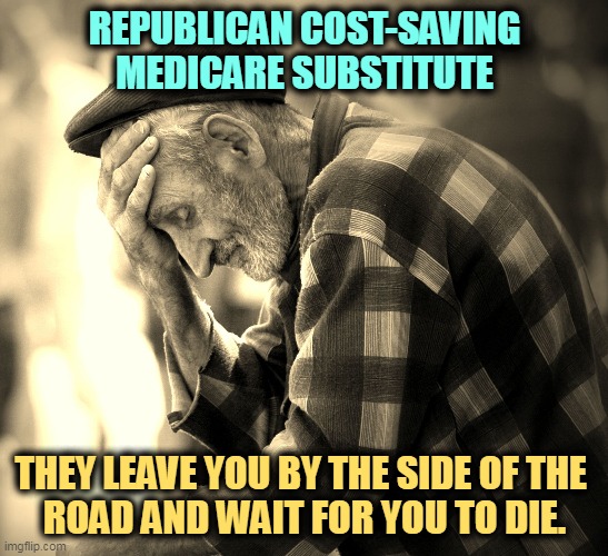 Billionaires get tax cuts. The government has less money. You get the shaft. | REPUBLICAN COST-SAVING MEDICARE SUBSTITUTE; THEY LEAVE YOU BY THE SIDE OF THE 
ROAD AND WAIT FOR YOU TO DIE. | image tagged in republican,medicare,changes,kill,old people | made w/ Imgflip meme maker
