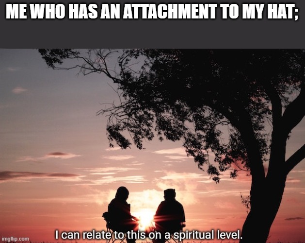 I can relate to this on a spiritual level. | ME WHO HAS AN ATTACHMENT TO MY HAT; | image tagged in i can relate to this on a spiritual level | made w/ Imgflip meme maker