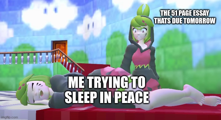 How school nights be like | THE 51 PAGE ESSAY THATS DUE TOMORROW; ME TRYING TO SLEEP IN PEACE | image tagged in smg4 | made w/ Imgflip meme maker