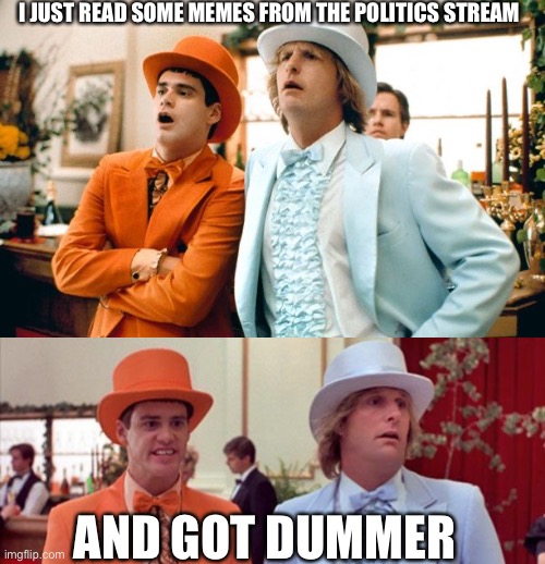 I JUST READ SOME MEMES FROM THE POLITICS STREAM; AND GOT DUMMER | image tagged in dumb and dumber tux,dumb and dumber | made w/ Imgflip meme maker