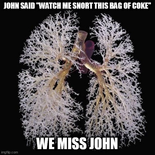 coke | JOHN SAID "WATCH ME SNORT THIS BAG OF COKE"; WE MISS JOHN | image tagged in coke | made w/ Imgflip meme maker