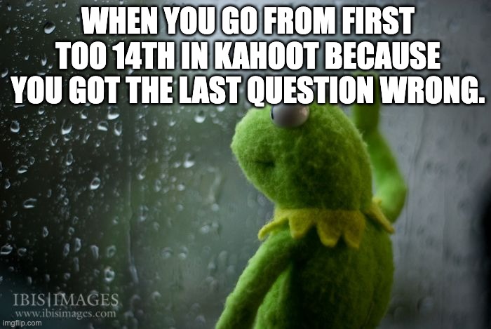 kahoot |  WHEN YOU GO FROM FIRST TOO 14TH IN KAHOOT BECAUSE YOU GOT THE LAST QUESTION WRONG. | image tagged in kermit window | made w/ Imgflip meme maker