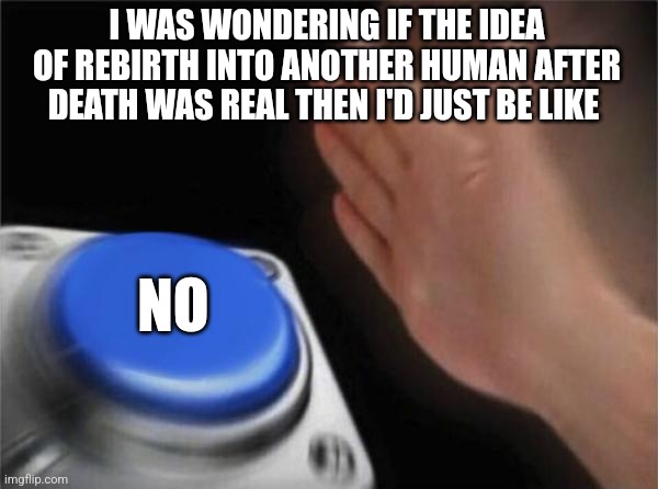 I don't want to do this sh*t twice :,( | I WAS WONDERING IF THE IDEA OF REBIRTH INTO ANOTHER HUMAN AFTER DEATH WAS REAL THEN I'D JUST BE LIKE; NO | image tagged in memes,blank nut button | made w/ Imgflip meme maker