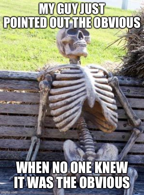 Waiting Skeleton Meme | MY GUY JUST POINTED OUT THE OBVIOUS WHEN NO ONE KNEW IT WAS THE OBVIOUS | image tagged in memes,waiting skeleton | made w/ Imgflip meme maker