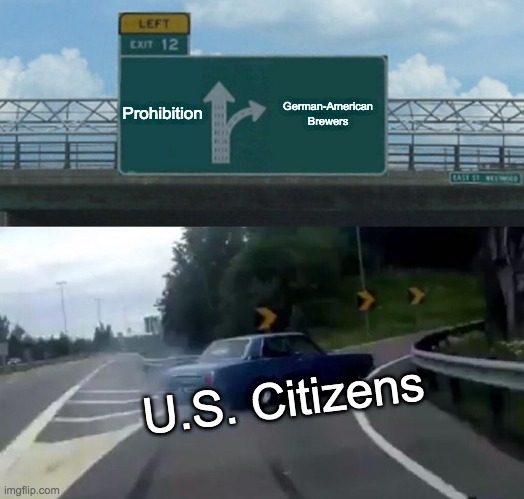 Left Exit 12 Off Ramp | Prohibition; German-American Brewers; U.S. Citizens | image tagged in memes,left exit 12 off ramp | made w/ Imgflip meme maker