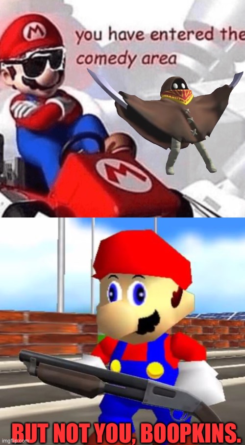 BUT NOT YOU, BOOPKINS. | image tagged in mario with glasses,smg4 shotgun mario | made w/ Imgflip meme maker