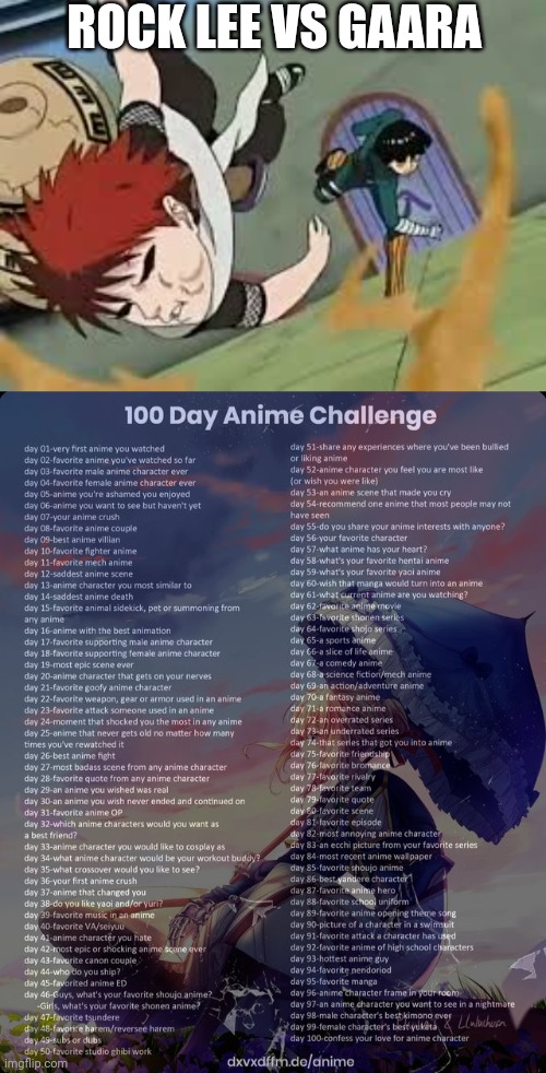 Day 19 | ROCK LEE VS GAARA | image tagged in 100 day anime challenge | made w/ Imgflip meme maker