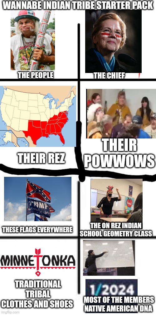 Lol this is too perfect | WANNABE INDIAN TRIBE STARTER PACK; THE PEOPLE; THE CHIEF; THEIR POWWOWS; THEIR REZ; THE ON REZ INDIAN SCHOOL GEOMETRY CLASS; THESE FLAGS EVERYWHERE; TRADITIONAL TRIBAL CLOTHES AND SHOES; MOST OF THE MEMBERS NATIVE AMERICAN DNA | image tagged in memes,blank starter pack | made w/ Imgflip meme maker