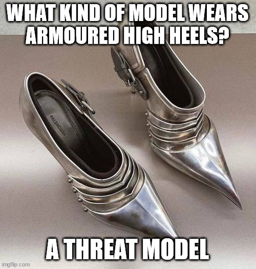 InfoSec costume ideas | WHAT KIND OF MODEL WEARS
ARMOURED HIGH HEELS? A THREAT MODEL | image tagged in armor,shoes,high heels | made w/ Imgflip meme maker