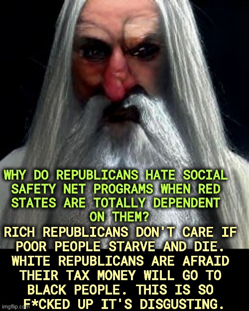 WHY DO REPUBLICANS HATE SOCIAL 
SAFETY NET PROGRAMS WHEN RED 

STATES ARE TOTALLY DEPENDENT 
ON THEM? RICH REPUBLICANS DON'T CARE IF 
POOR PEOPLE STARVE AND DIE. 
WHITE REPUBLICANS ARE AFRAID 
THEIR TAX MONEY WILL GO TO 
BLACK PEOPLE. THIS IS SO 
F*CKED UP IT'S DISGUSTING. | image tagged in republicans,hate,poor people,black people,safety,net | made w/ Imgflip meme maker