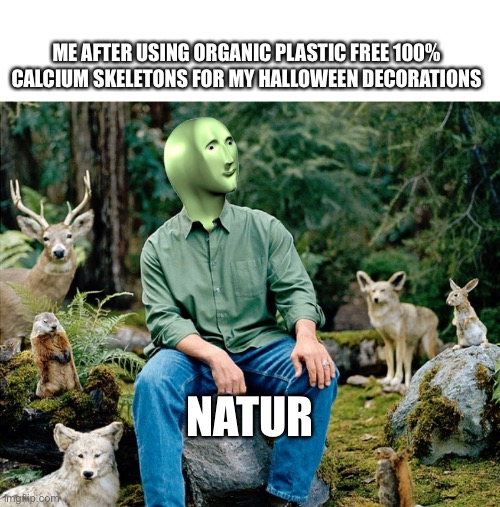 Ekolojist | ME AFTER USING ORGANIC PLASTIC FREE 100% CALCIUM SKELETONS FOR MY HALLOWEEN DECORATIONS; NATUR | image tagged in ekolojist | made w/ Imgflip meme maker