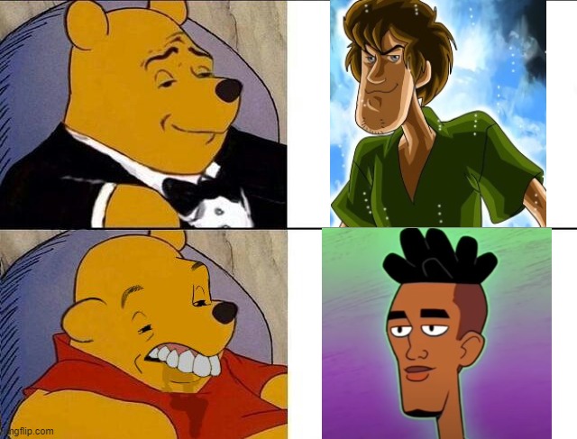 What have they done to Shaggy!? | image tagged in tuxedo winnie the pooh grossed reverse,scooby doo,shaggy | made w/ Imgflip meme maker