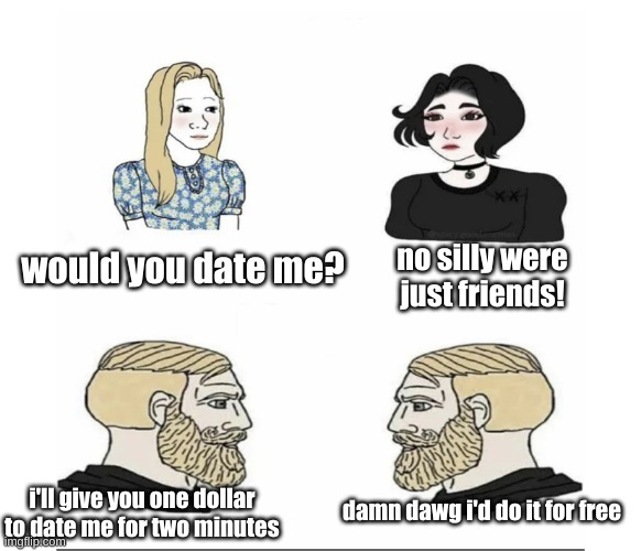 Men vs Women | no silly were just friends! would you date me? i'll give you one dollar to date me for two minutes; damn dawg i'd do it for free | image tagged in men vs women | made w/ Imgflip meme maker