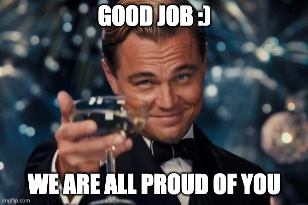 Leonardo Dicaprio Cheers Meme | GOOD JOB :) WE ARE ALL PROUD OF YOU | image tagged in memes,leonardo dicaprio cheers | made w/ Imgflip meme maker