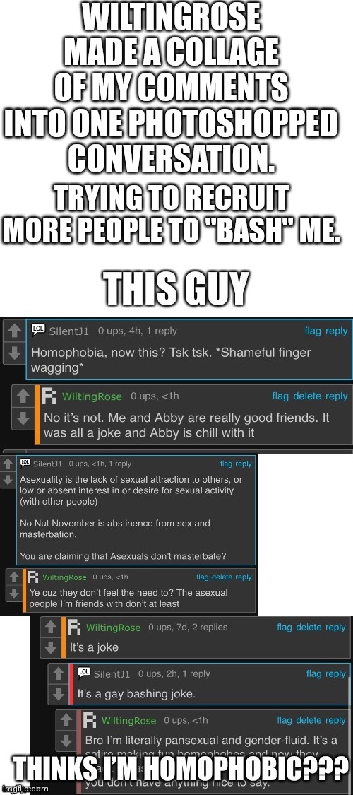 Photoshopping comments into one conversation | WILTINGROSE MADE A COLLAGE OF MY COMMENTS INTO ONE PHOTOSHOPPED CONVERSATION. TRYING TO RECRUIT MORE PEOPLE TO "BASH" ME. | image tagged in blank white template | made w/ Imgflip meme maker