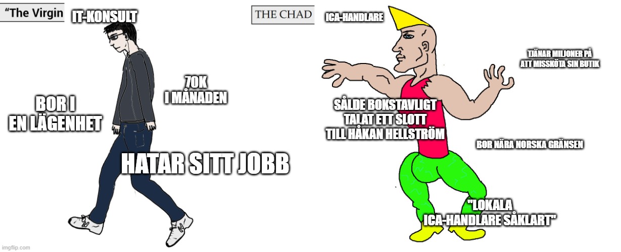 Virgin and Chad | IT-KONSULT; ICA-HANDLARE; TJÄNAR MILJONER PÅ ATT MISSKÖTA SIN BUTIK; 70K I MÅNADEN; BOR I EN LÄGENHET; SÅLDE BOKSTAVLIGT TALAT ETT SLOTT TILL HÅKAN HELLSTRÖM; BOR NÄRA NORSKA GRÄNSEN; HATAR SITT JOBB; "LOKALA ICA-HANDLARE SÅKLART" | image tagged in virgin and chad | made w/ Imgflip meme maker