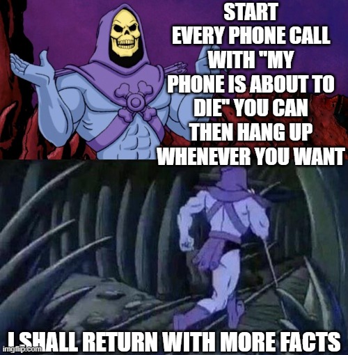 but good night | START EVERY PHONE CALL WITH "MY PHONE IS ABOUT TO DIE" YOU CAN THEN HANG UP WHENEVER YOU WANT; I SHALL RETURN WITH MORE FACTS | image tagged in he man skeleton advices | made w/ Imgflip meme maker