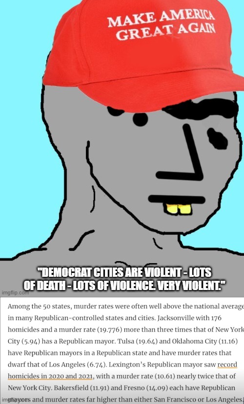 B-b-b-but Dem cities! | "DEMOCRAT CITIES ARE VIOLENT - LOTS OF DEATH - LOTS OF VIOLENCE. VERY VIOLENT." | image tagged in maga npc | made w/ Imgflip meme maker