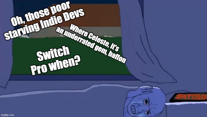 Unfunny Nintendo jokes | Oh, those poor starving Indie Devs; Where Celeste, it's an underrated gem, baffon; Switch Pro when? | image tagged in wojak sleeping,nintendo | made w/ Imgflip meme maker