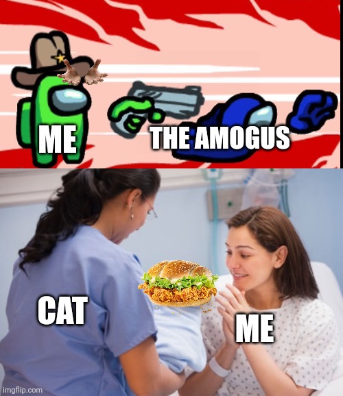 ME THE AMOGUS ME CAT | image tagged in among us shoot kill,nurse handing over newborn baby | made w/ Imgflip meme maker