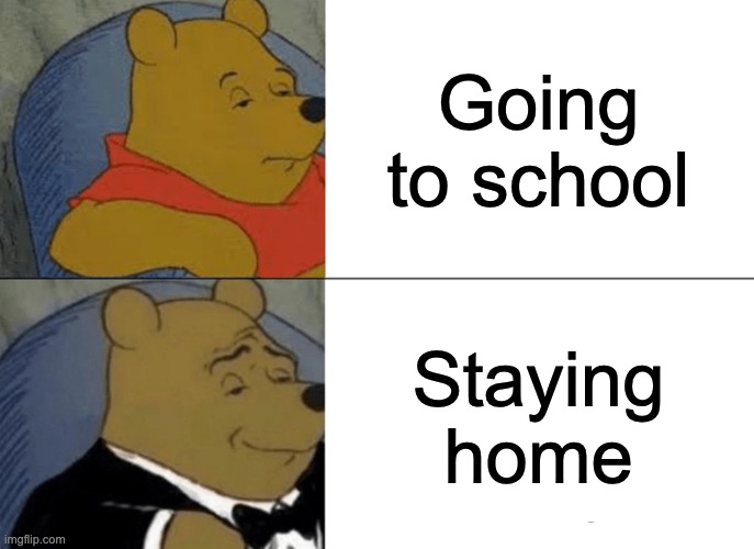 Tuxedo Winnie The Pooh Meme | Going to school; Staying home | image tagged in memes,tuxedo winnie the pooh | made w/ Imgflip meme maker