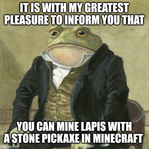 Gentlemen, it is with great pleasure to inform you that | IT IS WITH MY GREATEST PLEASURE TO INFORM YOU THAT; YOU CAN MINE LAPIS WITH A STONE PICKAXE IN MINECRAFT | image tagged in gentlemen it is with great pleasure to inform you that | made w/ Imgflip meme maker