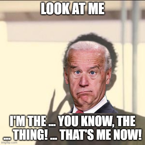 Pres... press... you know, the thing! | LOOK AT ME; I'M THE ... YOU KNOW, THE ... THING! ... THAT'S ME NOW! | image tagged in memes,look at me,biden,prezidunce | made w/ Imgflip meme maker