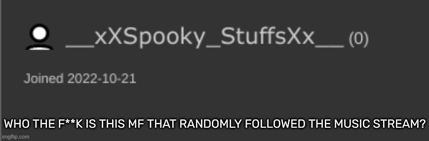 WHO THE F**K IS THIS MF THAT RANDOMLY FOLLOWED THE MUSIC STREAM? | image tagged in idk,stuff,s o u p,carck | made w/ Imgflip meme maker