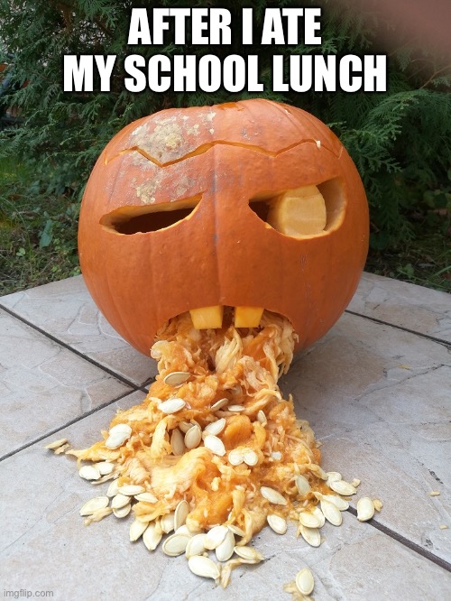 Halloween Pumkin Throwing Up | AFTER I ATE MY SCHOOL LUNCH | image tagged in halloween pumkin throwing up | made w/ Imgflip meme maker