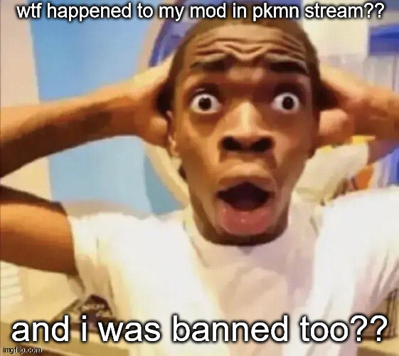 in shock | wtf happened to my mod in pkmn stream?? and i was banned too?? | image tagged in in shock | made w/ Imgflip meme maker
