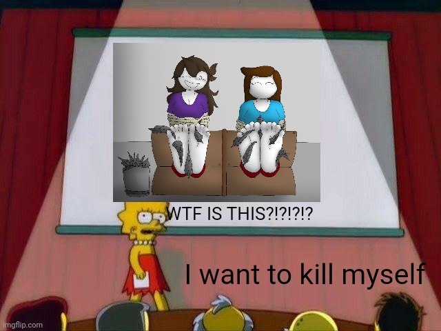 Lisa Simpson's Presentation | WTF IS THIS?!?!?!? I want to kill myself | image tagged in lisa simpson's presentation,jaiden animations,deviantart,feet,tickle me elmo,rebecca parham | made w/ Imgflip meme maker