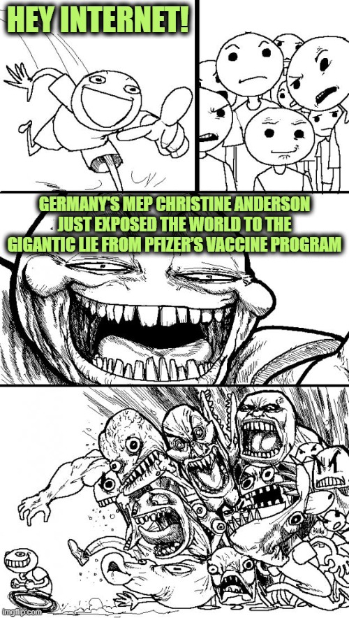 And America is Getting the Blame | HEY INTERNET! GERMANY'S MEP CHRISTINE ANDERSON JUST EXPOSED THE WORLD TO THE GIGANTIC LIE FROM PFIZER’S VACCINE PROGRAM | image tagged in memes,hey internet | made w/ Imgflip meme maker