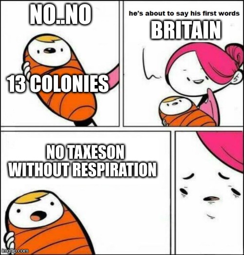 He is About to Say His First Words | NO..NO; BRITAIN; 13 COLONIES; NO TAXESON WITHOUT RESPIRATION | image tagged in he is about to say his first words | made w/ Imgflip meme maker