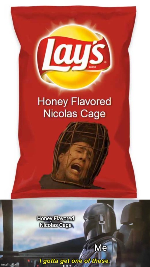 Honey Flavored Nicolas Cage | Honey Flavored Nicolas Cage; Me | image tagged in i gotta get one of those correct text boxes,nicolas cage,lay's,chips,memes,potato chips | made w/ Imgflip meme maker