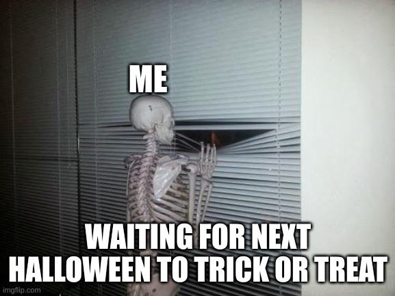 Skeleton Looking Out Window | ME; WAITING FOR NEXT HALLOWEEN TO TRICK OR TREAT | image tagged in skeleton looking out window | made w/ Imgflip meme maker