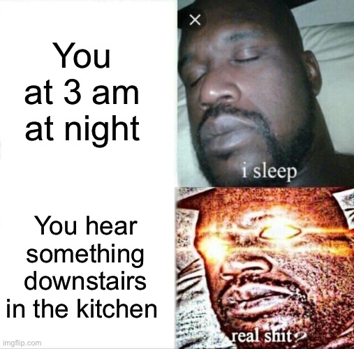 Sleeping Shaq Meme | You at 3 am at night; You hear something downstairs in the kitchen | image tagged in memes,sleeping shaq | made w/ Imgflip meme maker
