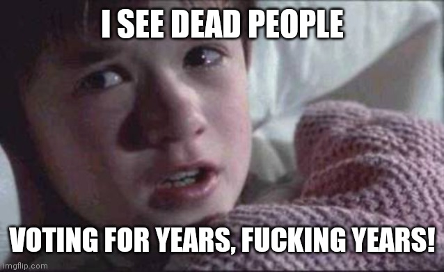 I See Dead People Meme | I SEE DEAD PEOPLE VOTING FOR YEARS, FUCKING YEARS! | image tagged in memes,i see dead people | made w/ Imgflip meme maker