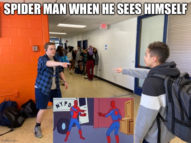 Spider Man memes | SPIDER MAN WHEN HE SEES HIMSELF | image tagged in spiderman | made w/ Imgflip meme maker