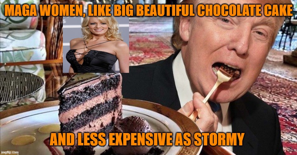 Trump Chocolate | MAGA WOMEN, LIKE BIG BEAUTIFUL CHOCOLATE CAKE AND LESS EXPENSIVE AS STORMY | image tagged in trump chocolate | made w/ Imgflip meme maker