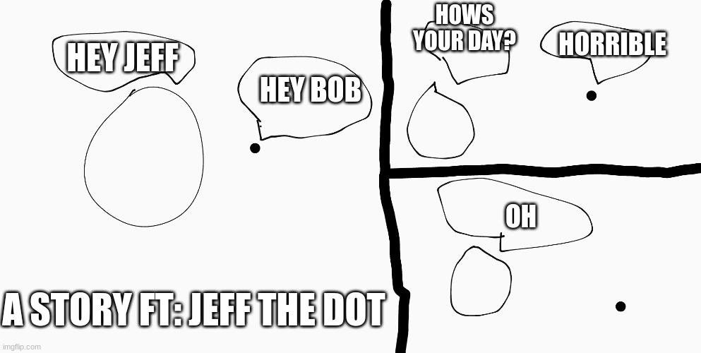jeff+ bob | HOWS YOUR DAY? HORRIBLE; HEY BOB; HEY JEFF; OH; A STORY FT: JEFF THE DOT | made w/ Imgflip meme maker