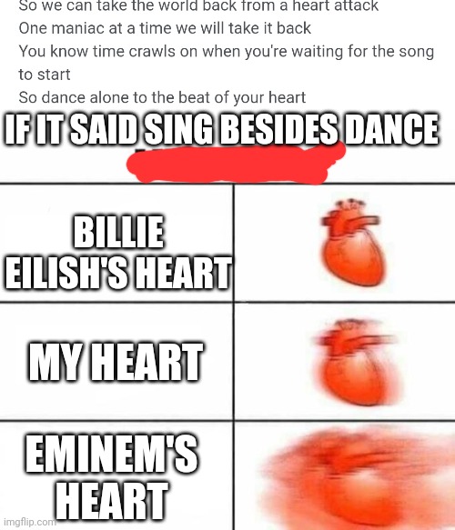 It would be true if it happened | IF IT SAID SING BESIDES DANCE; BILLIE EILISH'S HEART; MY HEART; EMINEM'S HEART | image tagged in my heart blank,eminem,billie eilish,true story,tag,not a true story | made w/ Imgflip meme maker