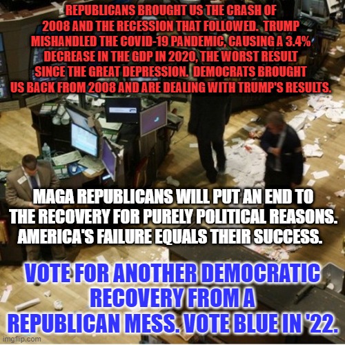 Trump's GDP Growth shrank 24% compared to Growth under Obama. | REPUBLICANS BROUGHT US THE CRASH OF 2008 AND THE RECESSION THAT FOLLOWED.  TRUMP MISHANDLED THE COVID-19 PANDEMIC, CAUSING A 3.4% DECREASE IN THE GDP IN 2020, THE WORST RESULT SINCE THE GREAT DEPRESSION.  DEMOCRATS BROUGHT US BACK FROM 2008 AND ARE DEALING WITH TRUMP'S RESULTS. MAGA REPUBLICANS WILL PUT AN END TO THE RECOVERY FOR PURELY POLITICAL REASONS.  AMERICA'S FAILURE EQUALS THEIR SUCCESS. VOTE FOR ANOTHER DEMOCRATIC RECOVERY FROM A REPUBLICAN MESS. VOTE BLUE IN '22. | image tagged in politics | made w/ Imgflip meme maker