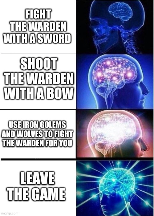 How to defeat a warden | FIGHT THE WARDEN WITH A SWORD; SHOOT THE WARDEN WITH A BOW; USE IRON GOLEMS AND WOLVES TO FIGHT THE WARDEN FOR YOU; LEAVE THE GAME | image tagged in memes,expanding brain | made w/ Imgflip meme maker