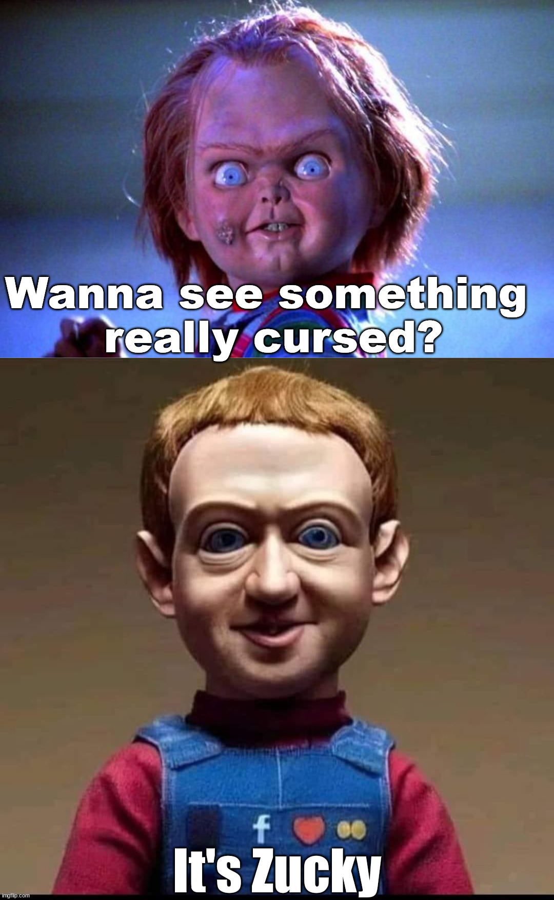 If this is not cursed, I do not know what is. | Wanna see something 
really cursed? It's Zucky | image tagged in chucky,cursed image | made w/ Imgflip meme maker