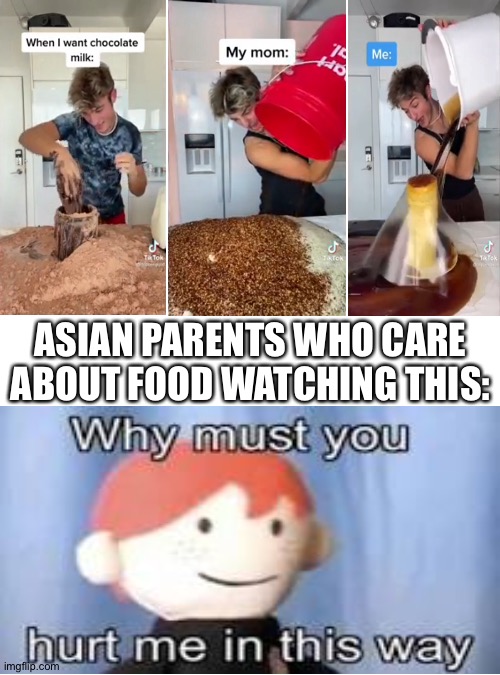 why must you hurt me in this way | ASIAN PARENTS WHO CARE ABOUT FOOD WATCHING THIS: | image tagged in memes,blank transparent square,tiktok,cringe,why must you hurt me in this way | made w/ Imgflip meme maker