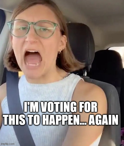 Unhinged Liberal Lunatic Idiot Woman Meltdown Screaming in Car | I'M VOTING FOR THIS TO HAPPEN... AGAIN | image tagged in unhinged liberal lunatic idiot woman meltdown screaming in car | made w/ Imgflip meme maker