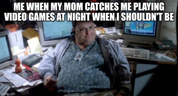 Jurassic park  | ME WHEN MY MOM CATCHES ME PLAYING VIDEO GAMES AT NIGHT WHEN I SHOULDN'T BE | image tagged in jurassic park | made w/ Imgflip meme maker