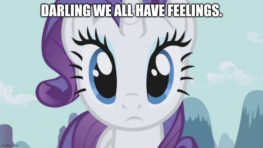 Stareful Rarity (MLP) | DARLING WE ALL HAVE FEELINGS. | image tagged in stareful rarity mlp | made w/ Imgflip meme maker